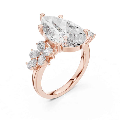 6 Carat Pear Cut Diamond Engagement Ring with Floral Side Accents