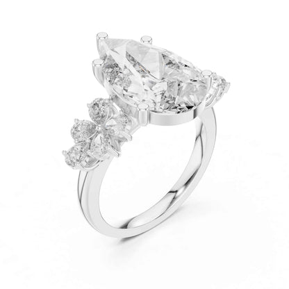 6 Carat Pear Cut Diamond Engagement Ring with Floral Side Accents