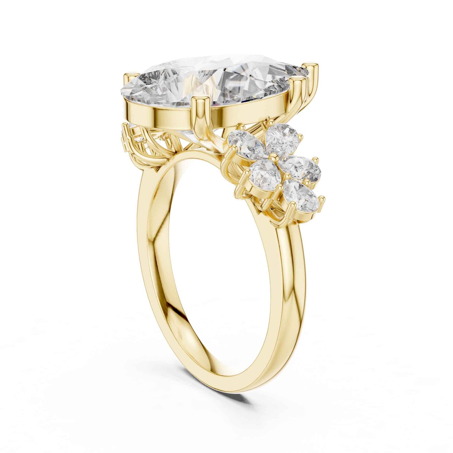 6 Carat Pear Cut Diamond Engagement Ring with Floral Side Accents