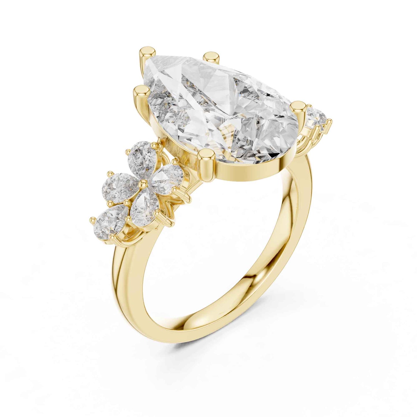 6 Carat Pear Cut Diamond Engagement Ring with Floral Side Accents