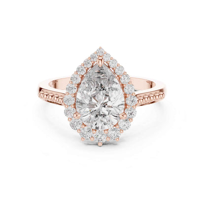 2 Carat Elegant Pear-Cut Diamond Halo Engagement Ring with Beaded Band