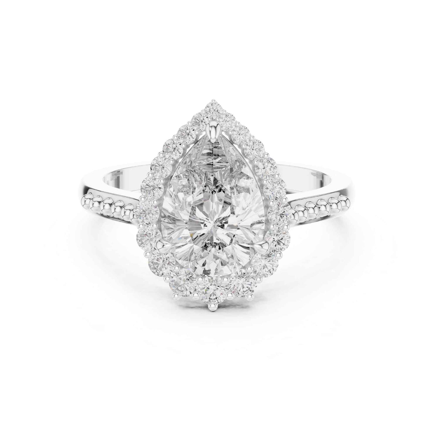 2 Carat Elegant Pear-Cut Diamond Halo Engagement Ring with Beaded Band