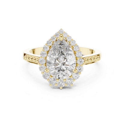 2 Carat Elegant Pear-Cut Diamond Halo Engagement Ring with Beaded Band