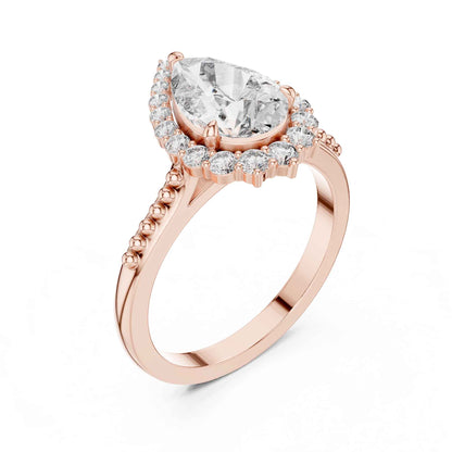 2 Carat Elegant Pear-Cut Diamond Halo Engagement Ring with Beaded Band