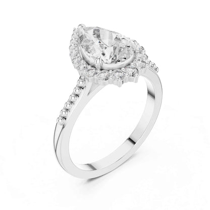 2 Carat Elegant Pear-Cut Diamond Halo Engagement Ring with Beaded Band