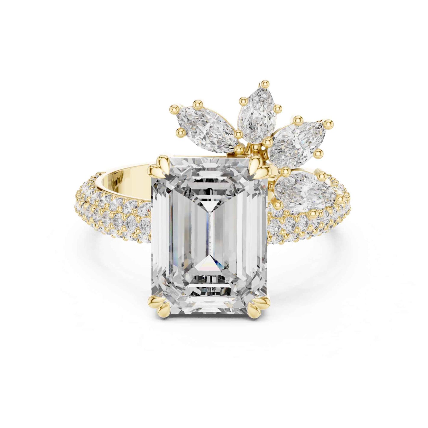 4 Carat Emerald-Cut Diamond Engagement Ring with Floral Accent and Pavé Band