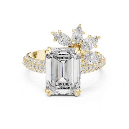 4 Carat Emerald-Cut Diamond Engagement Ring with Floral Accent and Pavé Band
