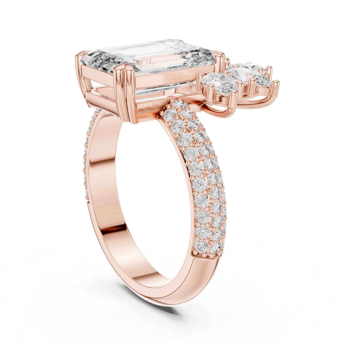 4 Carat Emerald-Cut Diamond Engagement Ring with Floral Accent and Pavé Band