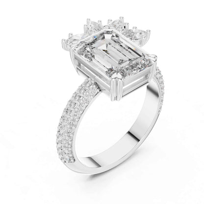 4 Carat Emerald-Cut Diamond Engagement Ring with Floral Accent and Pavé Band