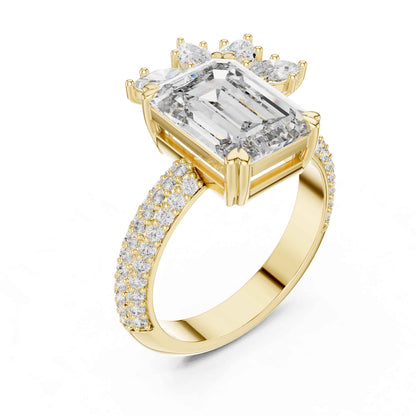 4 Carat Emerald-Cut Diamond Engagement Ring with Floral Accent and Pavé Band