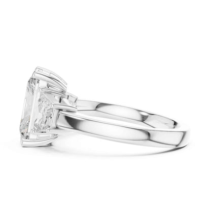 3 Carat Radiant Cut Lab Grown Diamond Three Stone Engagement Ring with Trapezoid Side Stones