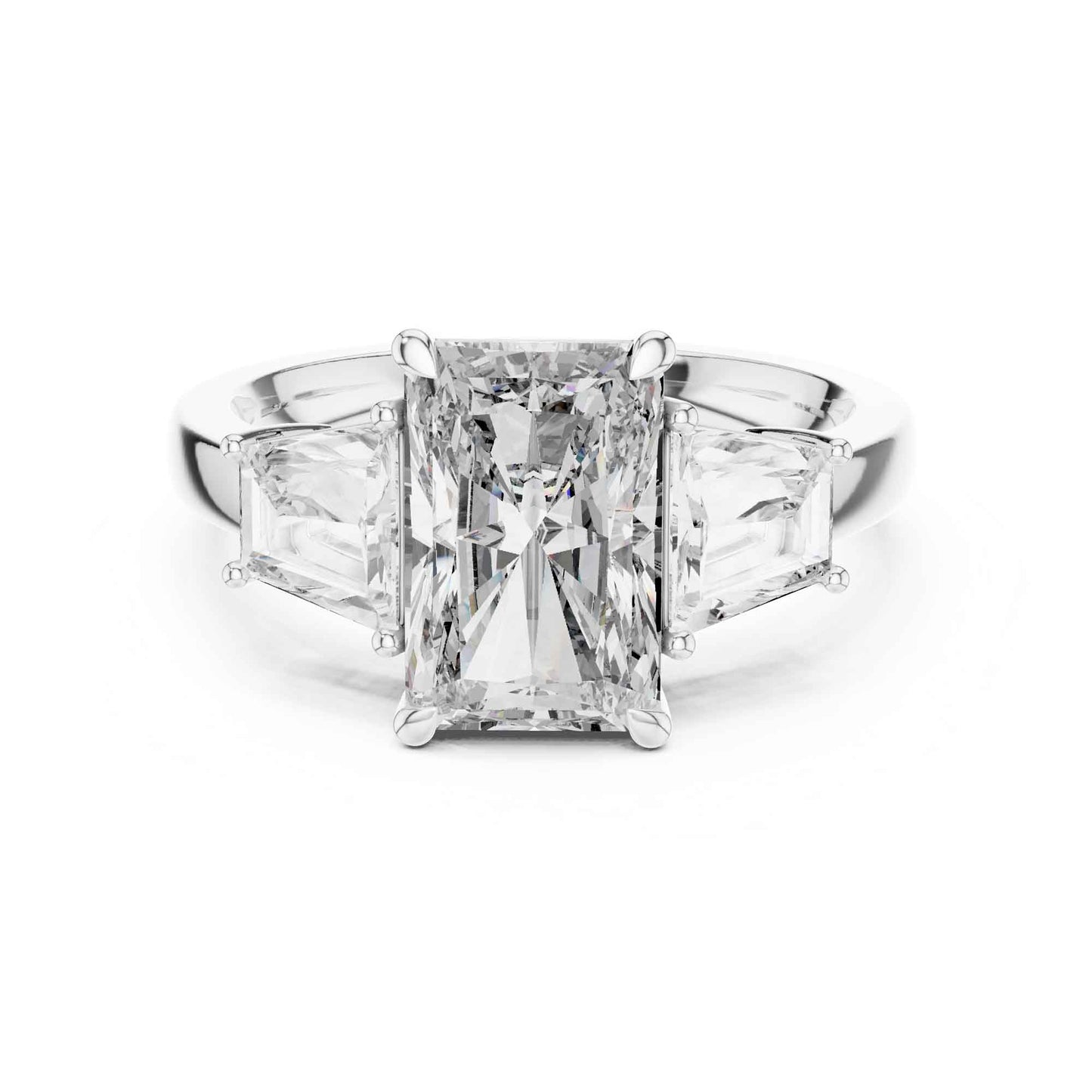 3 Carat Radiant Cut Lab Grown Diamond Three Stone Engagement Ring with Trapezoid Side Stones