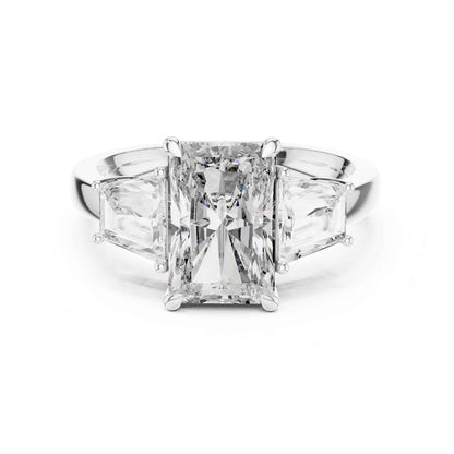 3 Carat Radiant Cut Lab Grown Diamond Three Stone Engagement Ring with Trapezoid Side Stones