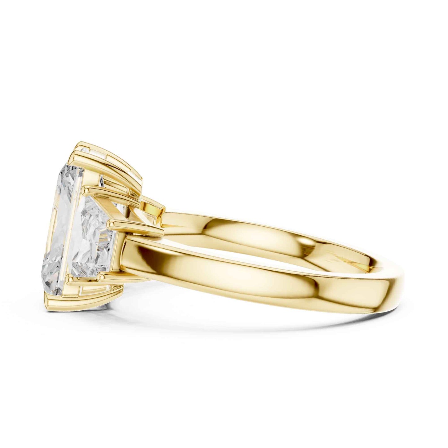 3 Carat Radiant Cut Lab Grown Diamond Three Stone Engagement Ring with Trapezoid Side Stones