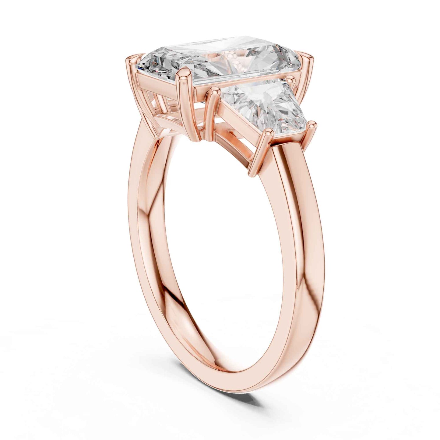 3 Carat Radiant Cut Lab Grown Diamond Three Stone Engagement Ring with Trapezoid Side Stones