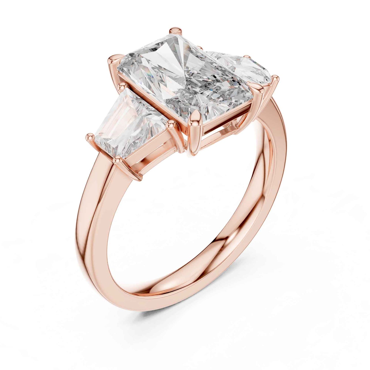 3 Carat Radiant Cut Lab Grown Diamond Three Stone Engagement Ring with Trapezoid Side Stones