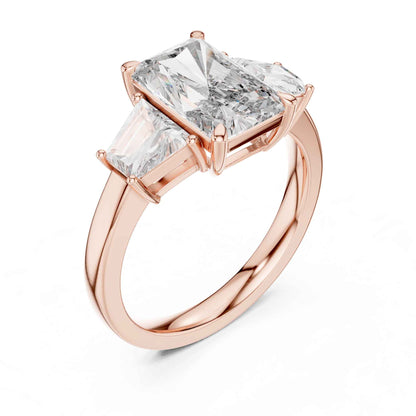 3 Carat Radiant Cut Lab Grown Diamond Three Stone Engagement Ring with Trapezoid Side Stones