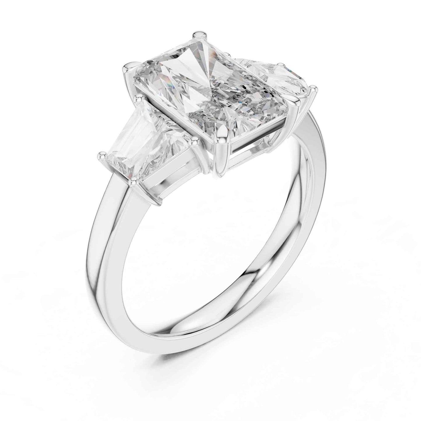 3 Carat Radiant Cut Lab Grown Diamond Three Stone Engagement Ring with Trapezoid Side Stones