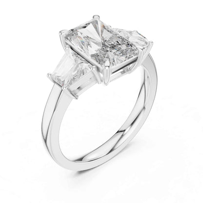 3 Carat Radiant Cut Lab Grown Diamond Three Stone Engagement Ring with Trapezoid Side Stones