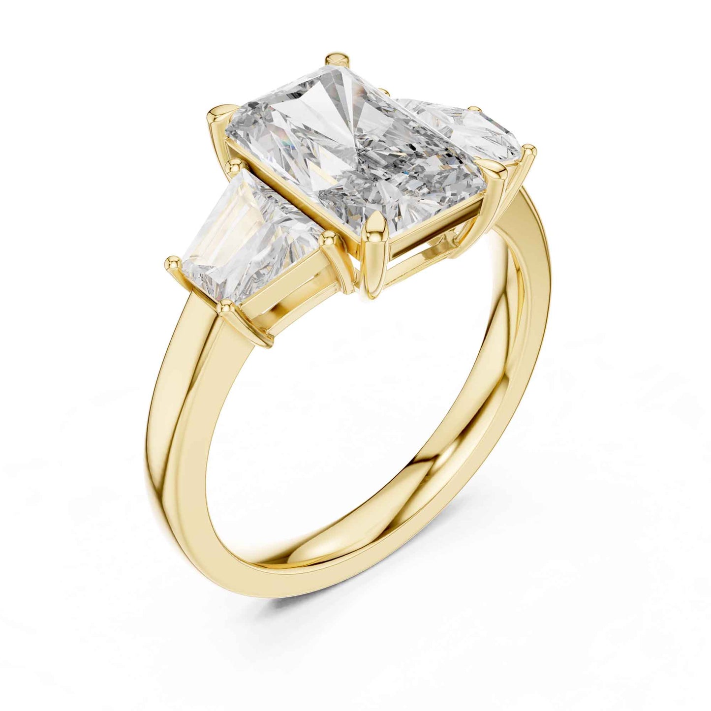 3 Carat Radiant Cut Lab Grown Diamond Three Stone Engagement Ring with Trapezoid Side Stones