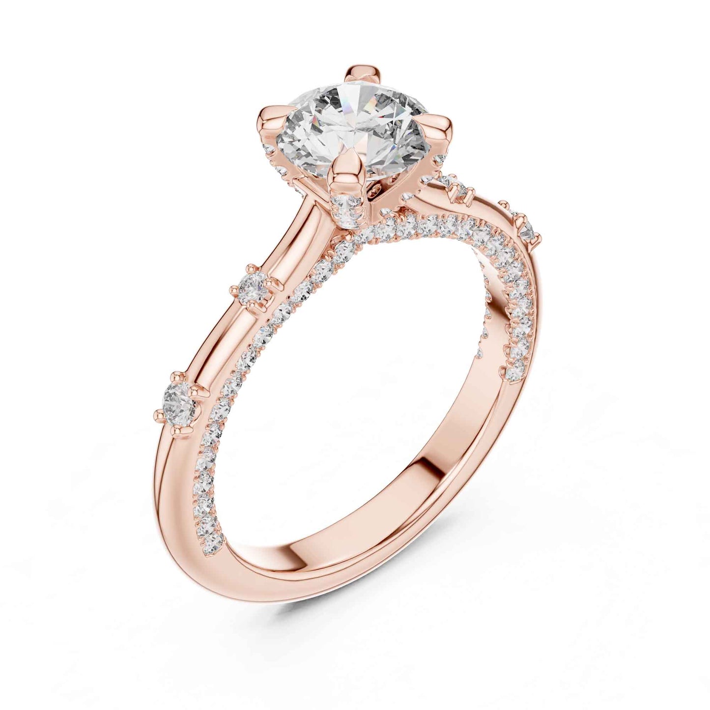 1 Carat Round Cut Lab Grown Diamond Solitaire Engagement Ring with Pavé Accent Band