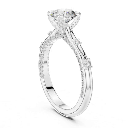 1 Carat Round Cut Lab Grown Diamond Solitaire Engagement Ring with Pavé Accent Band
