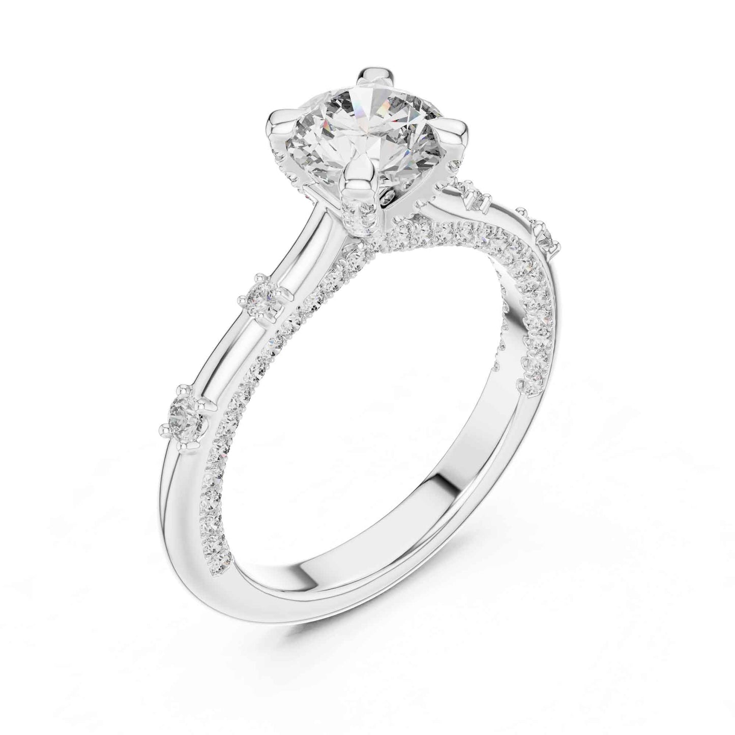 1 Carat Round Cut Lab Grown Diamond Solitaire Engagement Ring with Pavé Accent Band