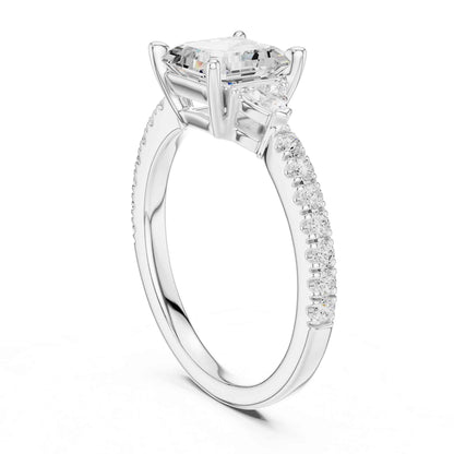 1.5 Carat Asscher Cut Lab Grown Diamond Three Stone Ring with Pavé Band