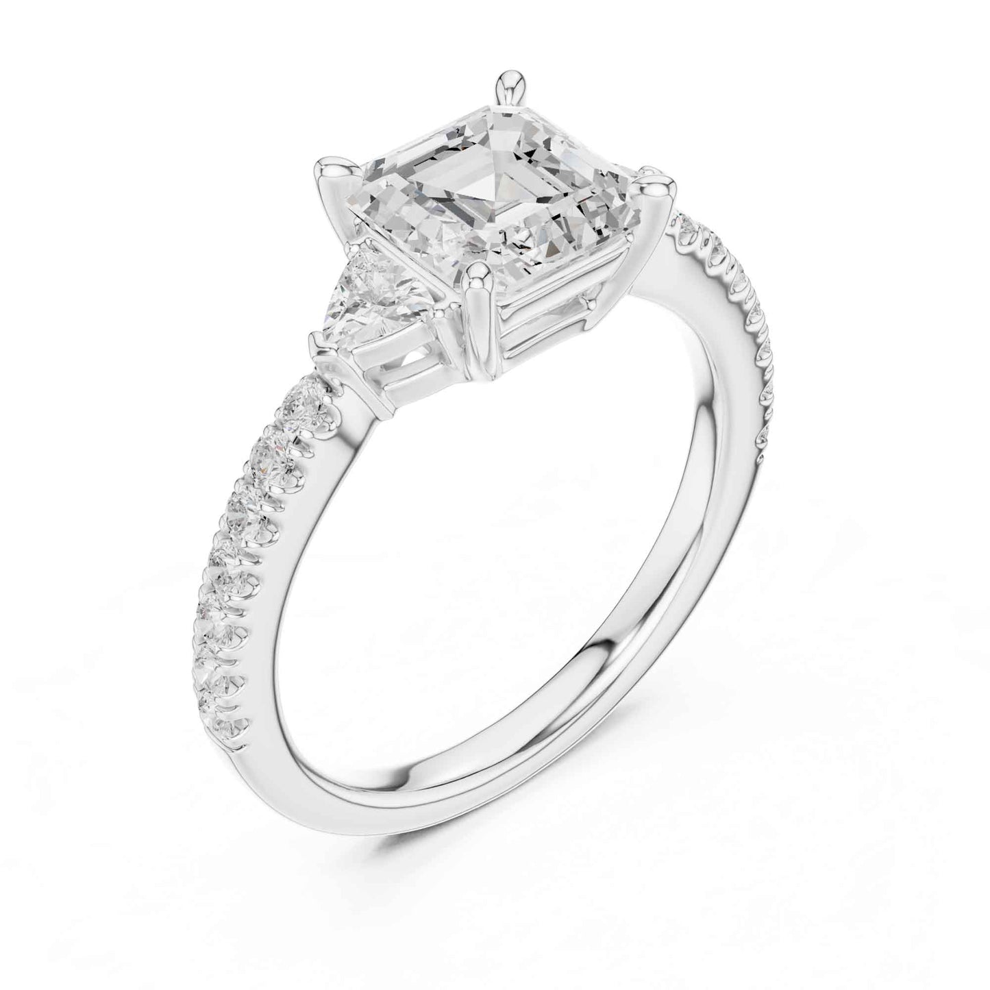 1.5 Carat Asscher Cut Lab Grown Diamond Three Stone Ring with Pavé Band