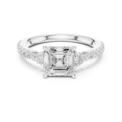 1.5 Carat Asscher Cut Lab Grown Diamond Three Stone Ring with Pavé Band