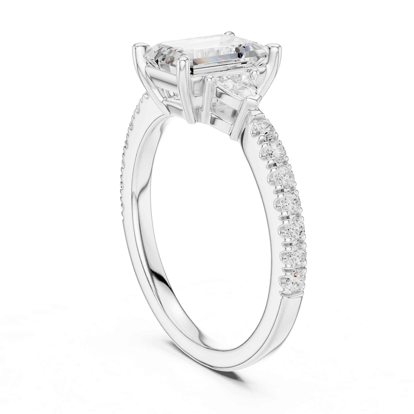 1.5 Carat Emerald Cut Lab Grown Diamond Three Stone Engagement Ring with Pavé Band