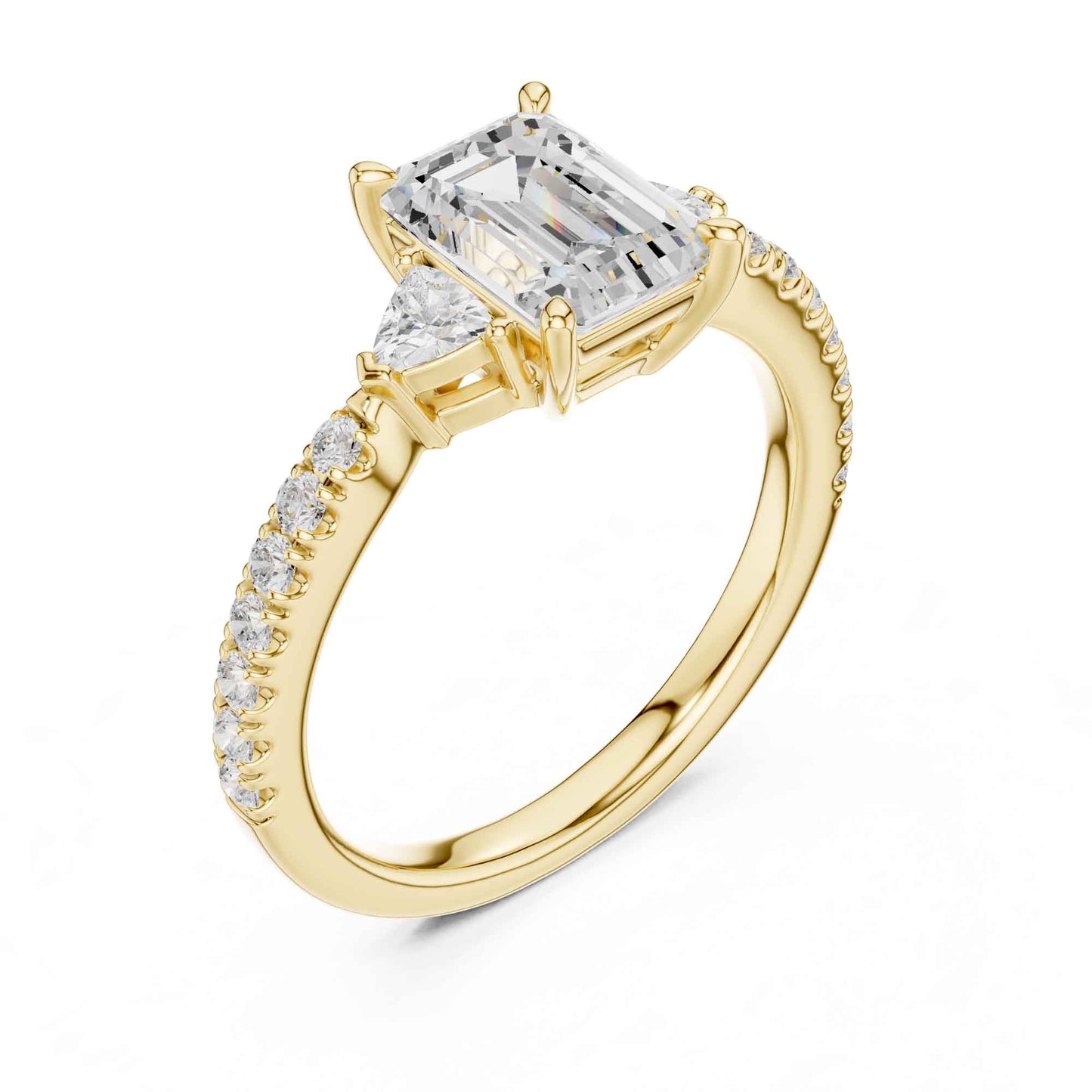 1.5 Carat Emerald Cut Lab Grown Diamond Three Stone Engagement Ring with Pavé Band