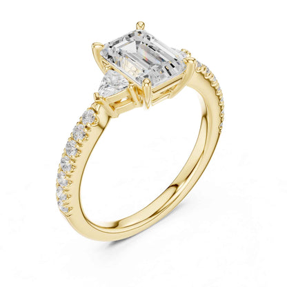 1.5 Carat Emerald Cut Lab Grown Diamond Three Stone Engagement Ring with Pavé Band