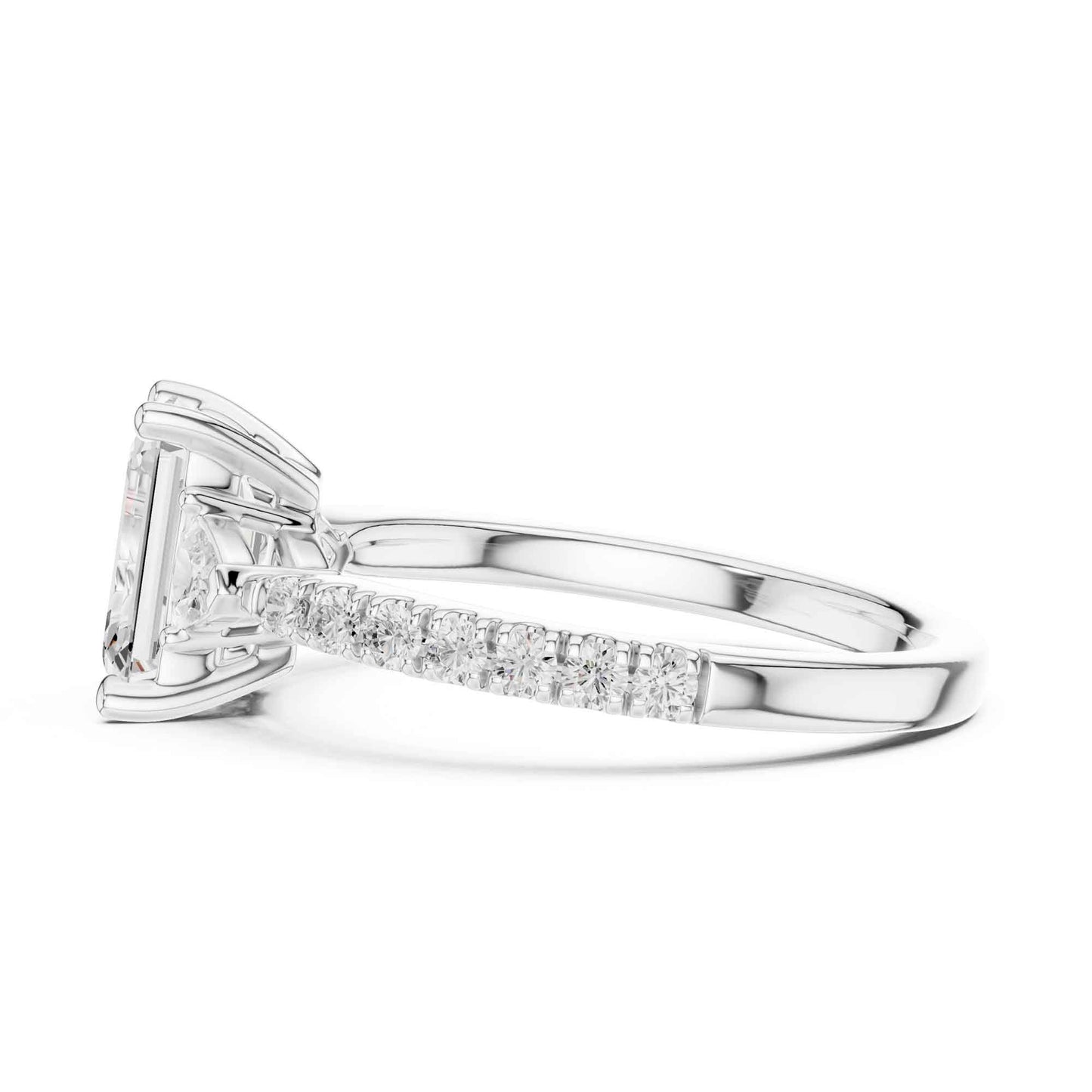 1.5 Carat Emerald Cut Lab Grown Diamond Three Stone Engagement Ring with Pavé Band