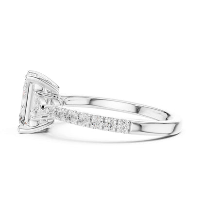 1.5 Carat Emerald Cut Lab Grown Diamond Three Stone Engagement Ring with Pavé Band