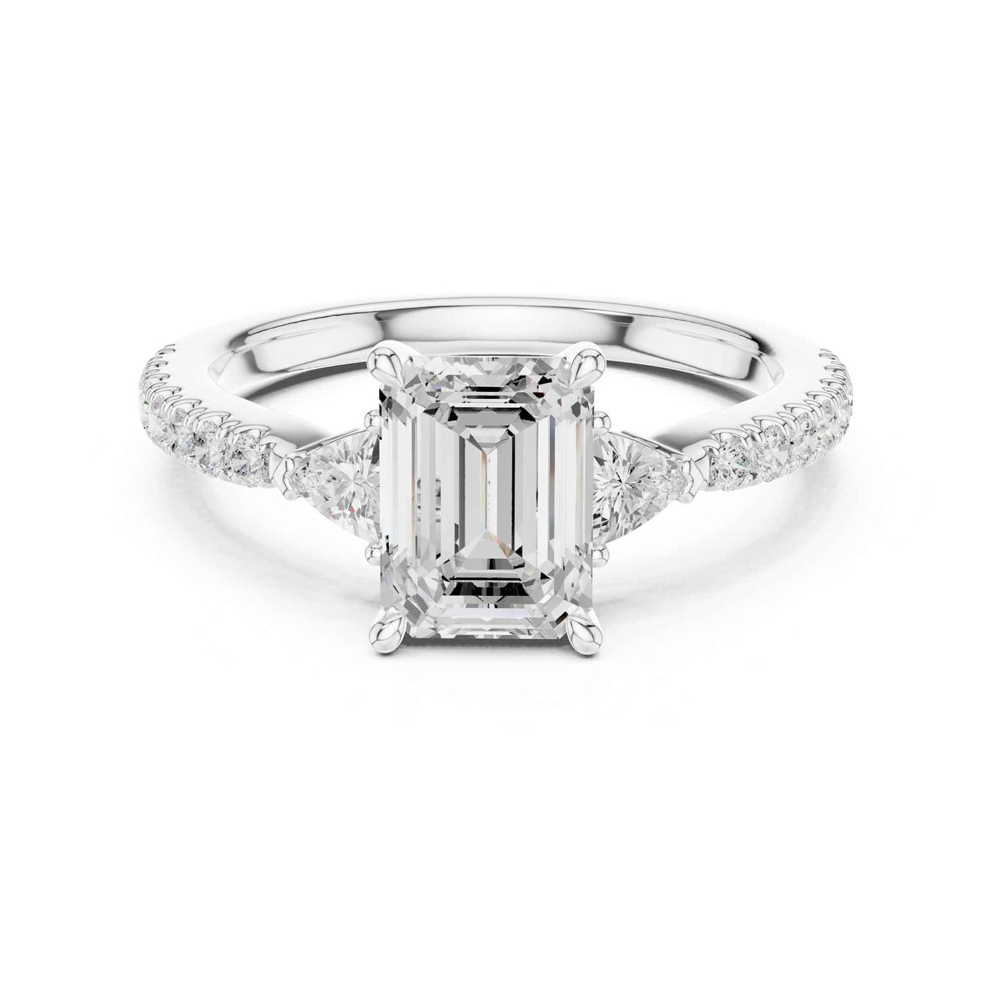 1.5 Carat Emerald Cut Lab Grown Diamond Three Stone Engagement Ring with Pavé Band