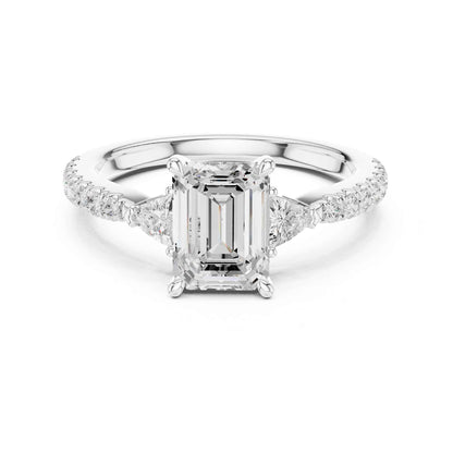 1.5 Carat Emerald Cut Lab Grown Diamond Three Stone Engagement Ring with Pavé Band