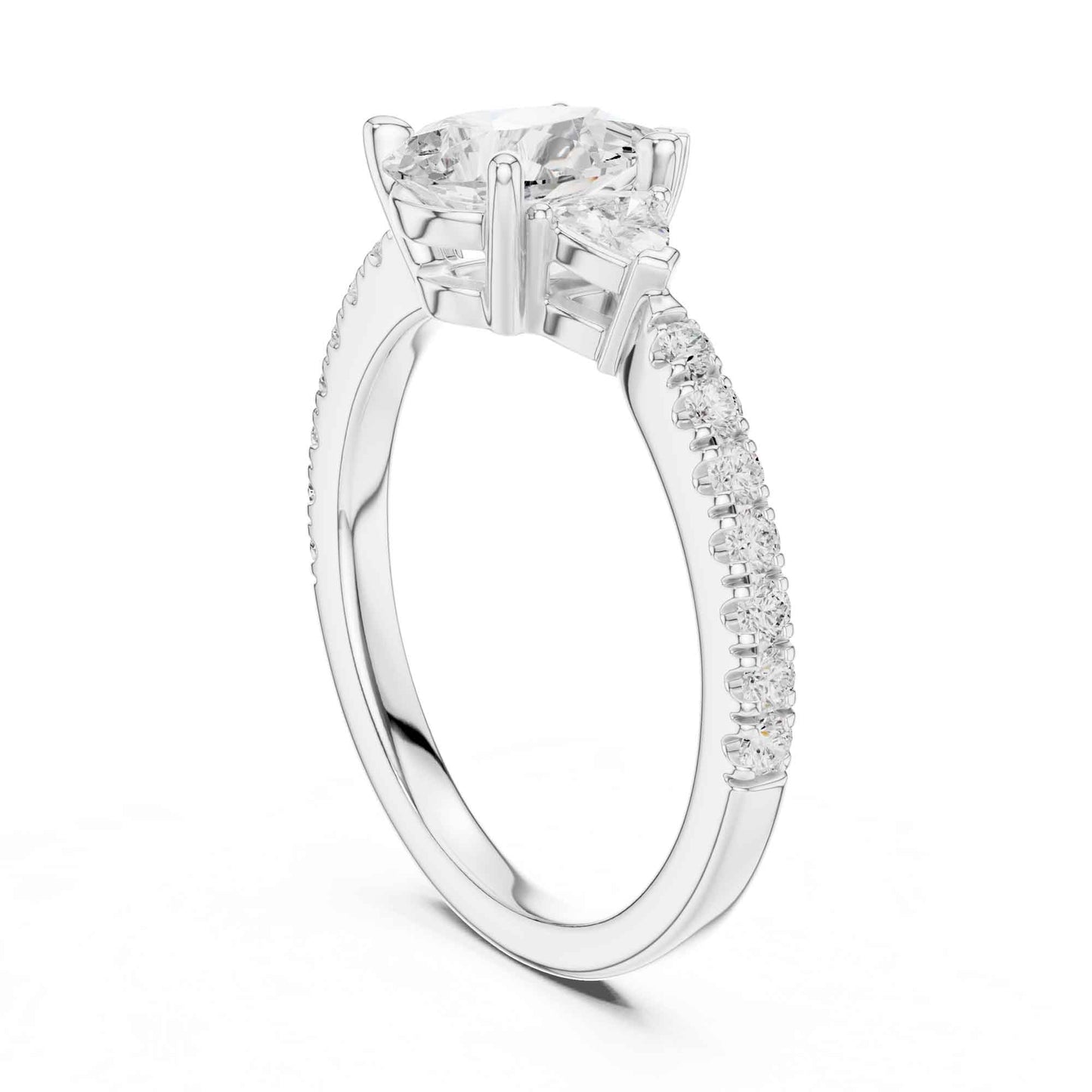 1.5 Carat Pear Shaped Lab Grown Diamond Three Stone Engagement Ring with Pavé Band