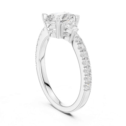 1.5 Carat Pear Shaped Lab Grown Diamond Three Stone Engagement Ring with Pavé Band