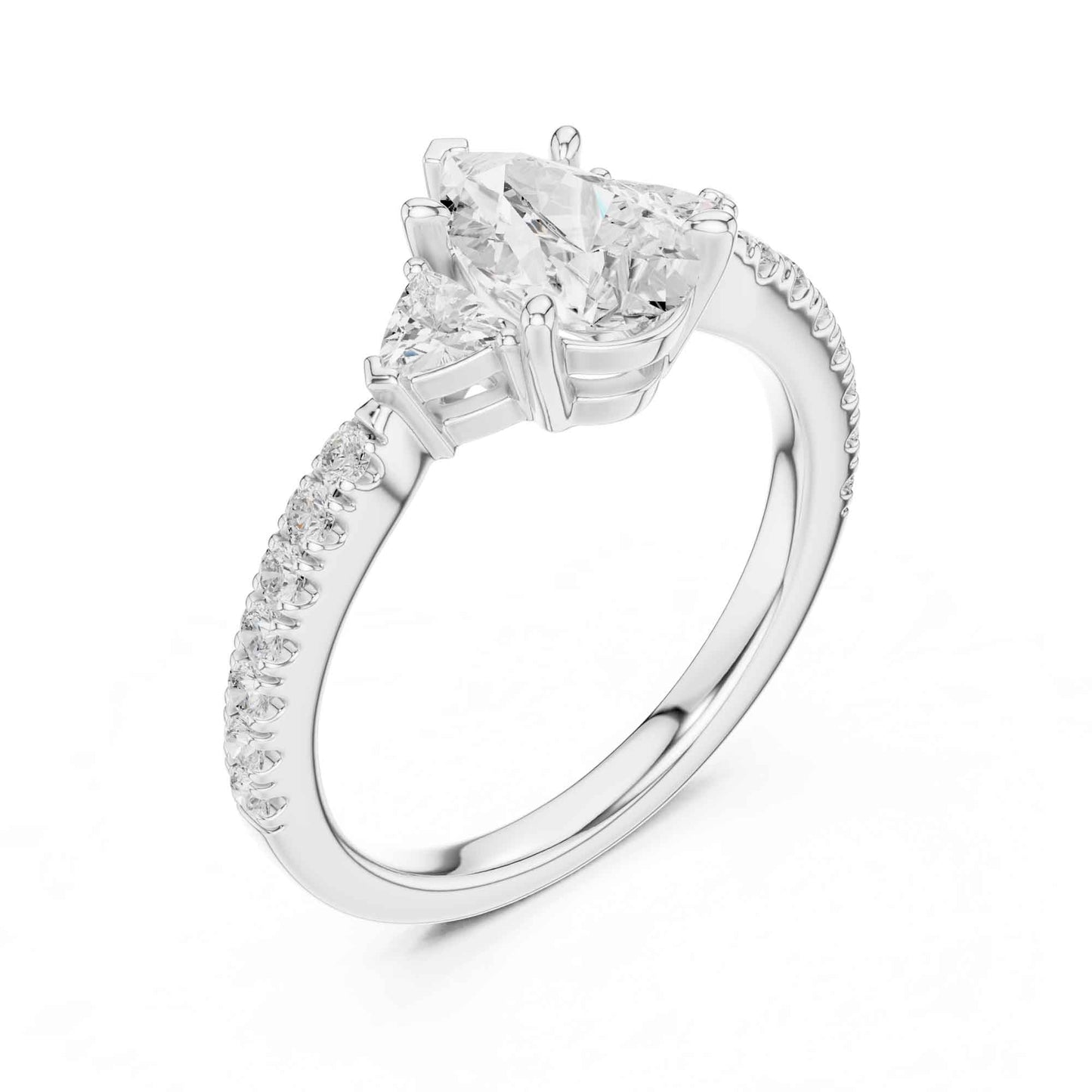 1.5 Carat Pear Shaped Lab Grown Diamond Three Stone Engagement Ring with Pavé Band