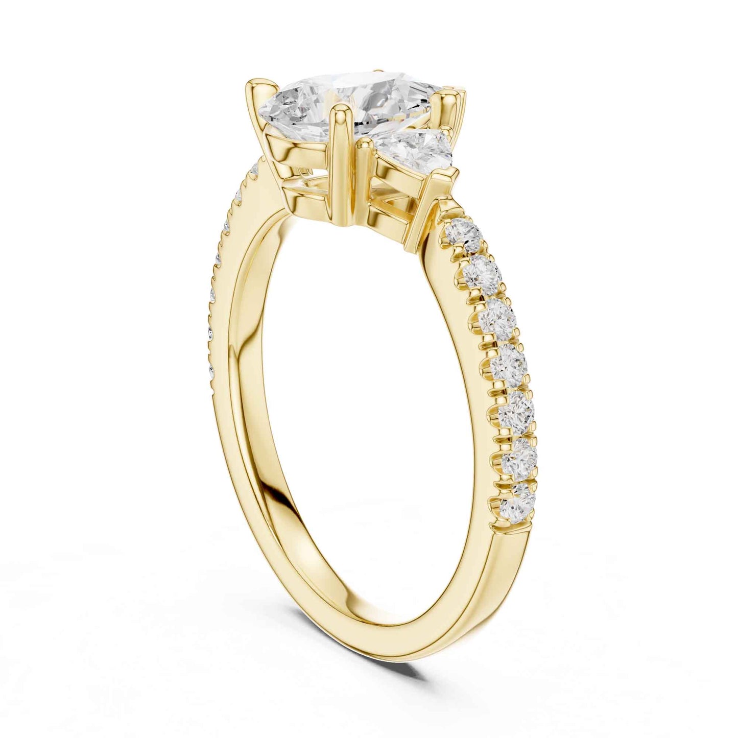 1.5 Carat Pear Shaped Lab Grown Diamond Three Stone Engagement Ring with Pavé Band