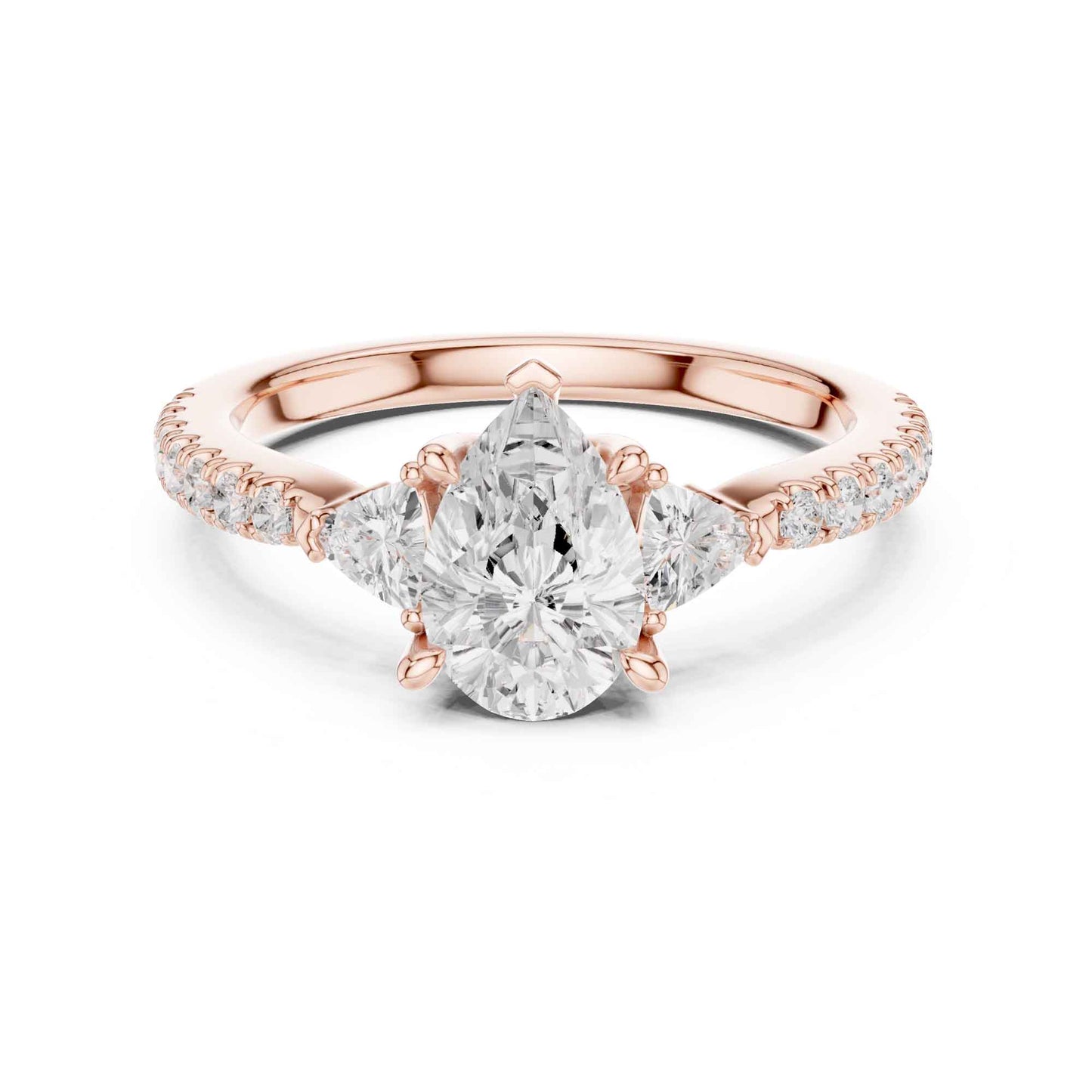 1.5 Carat Pear Shaped Lab Grown Diamond Three Stone Engagement Ring with Pavé Band