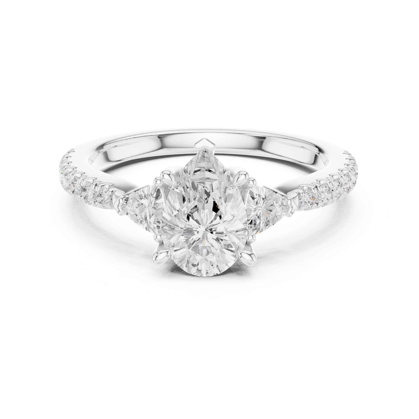 1.5 Carat Pear Shaped Lab Grown Diamond Three Stone Engagement Ring with Pavé Band
