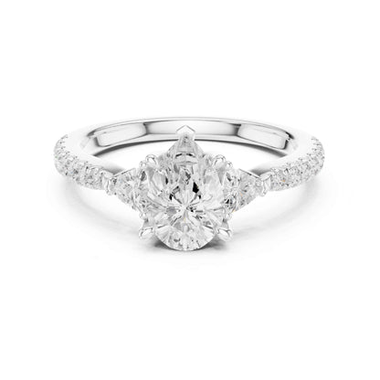 1.5 Carat Pear Shaped Lab Grown Diamond Three Stone Engagement Ring with Pavé Band