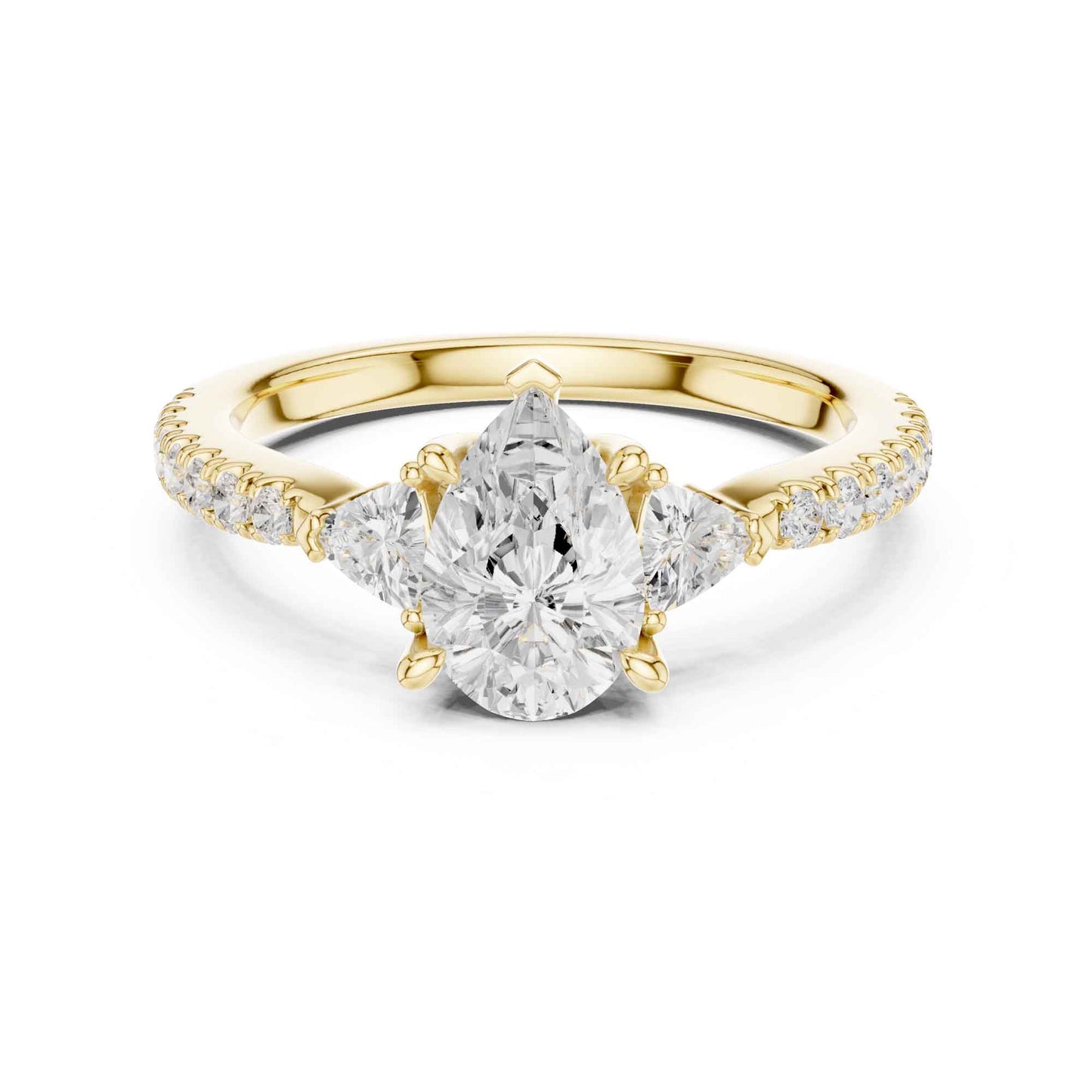 1.5 Carat Pear Shaped Lab Grown Diamond Three Stone Engagement Ring with Pavé Band