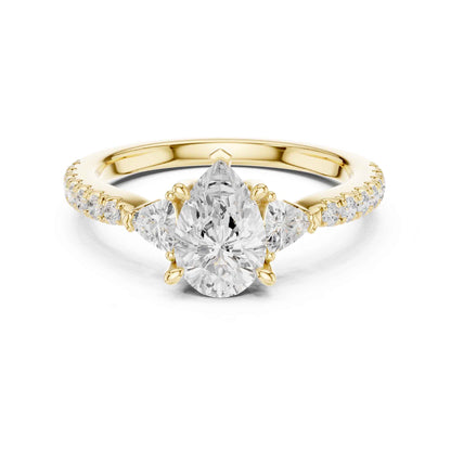 1.5 Carat Pear Shaped Lab Grown Diamond Three Stone Engagement Ring with Pavé Band