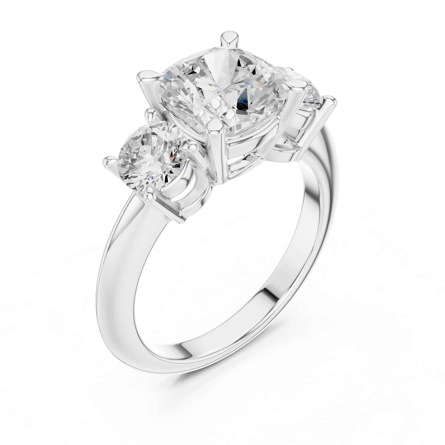 2.5 Carat Cushion Cut Diamond Three-Stone Engagement Ring with Round Side Stones
