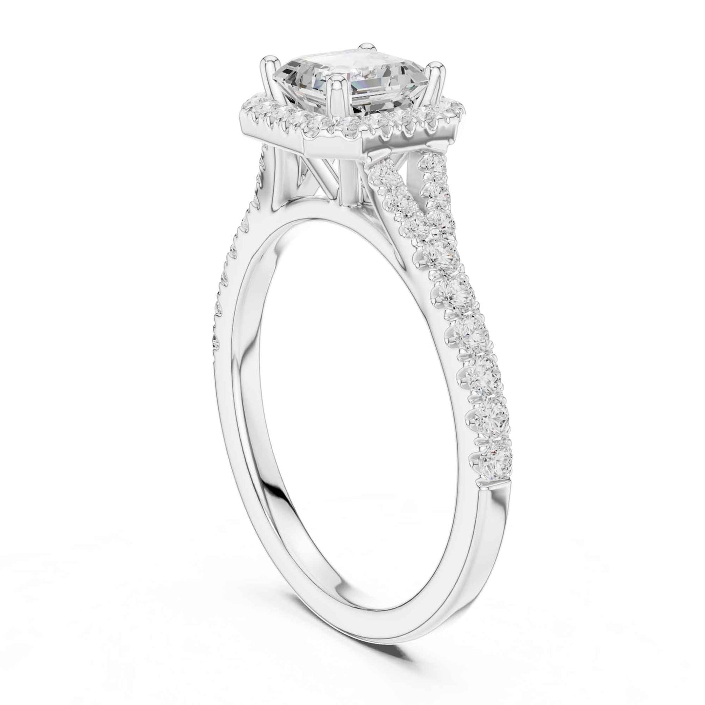 1 Carat Asscher Cut Diamond Halo Engagement Ring with Pavé Band