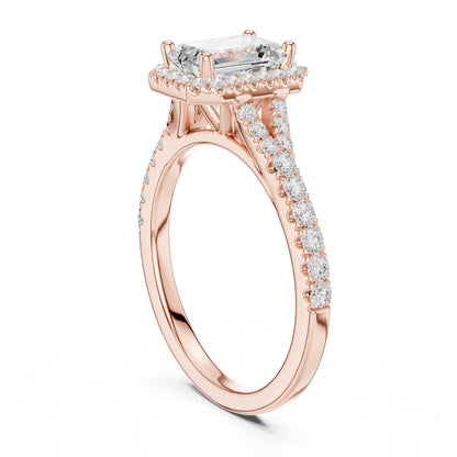 1 Carat Emerald Cut Diamond Halo Engagement Ring with Pavé Band