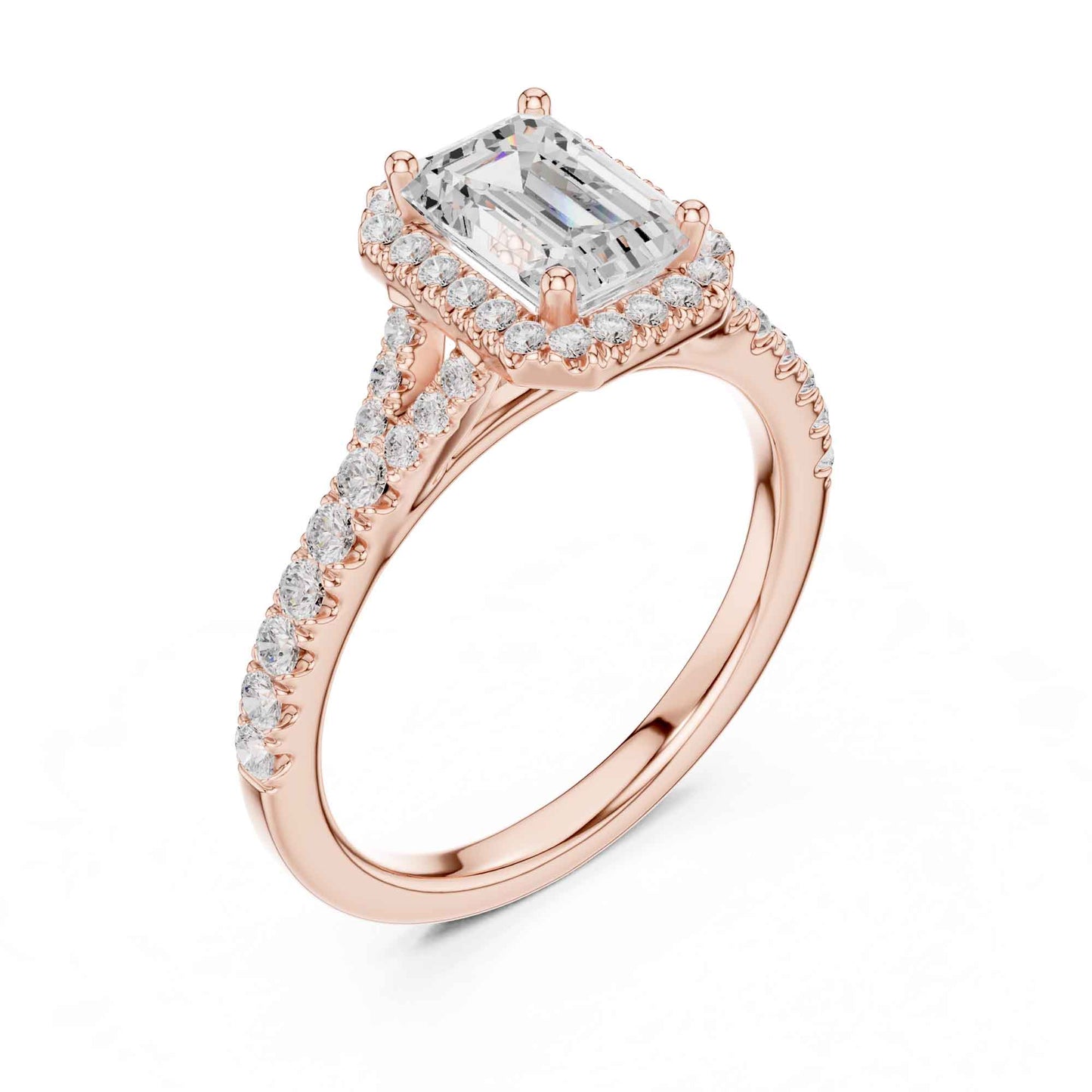 1 Carat Emerald Cut Diamond Halo Engagement Ring with Pavé Band